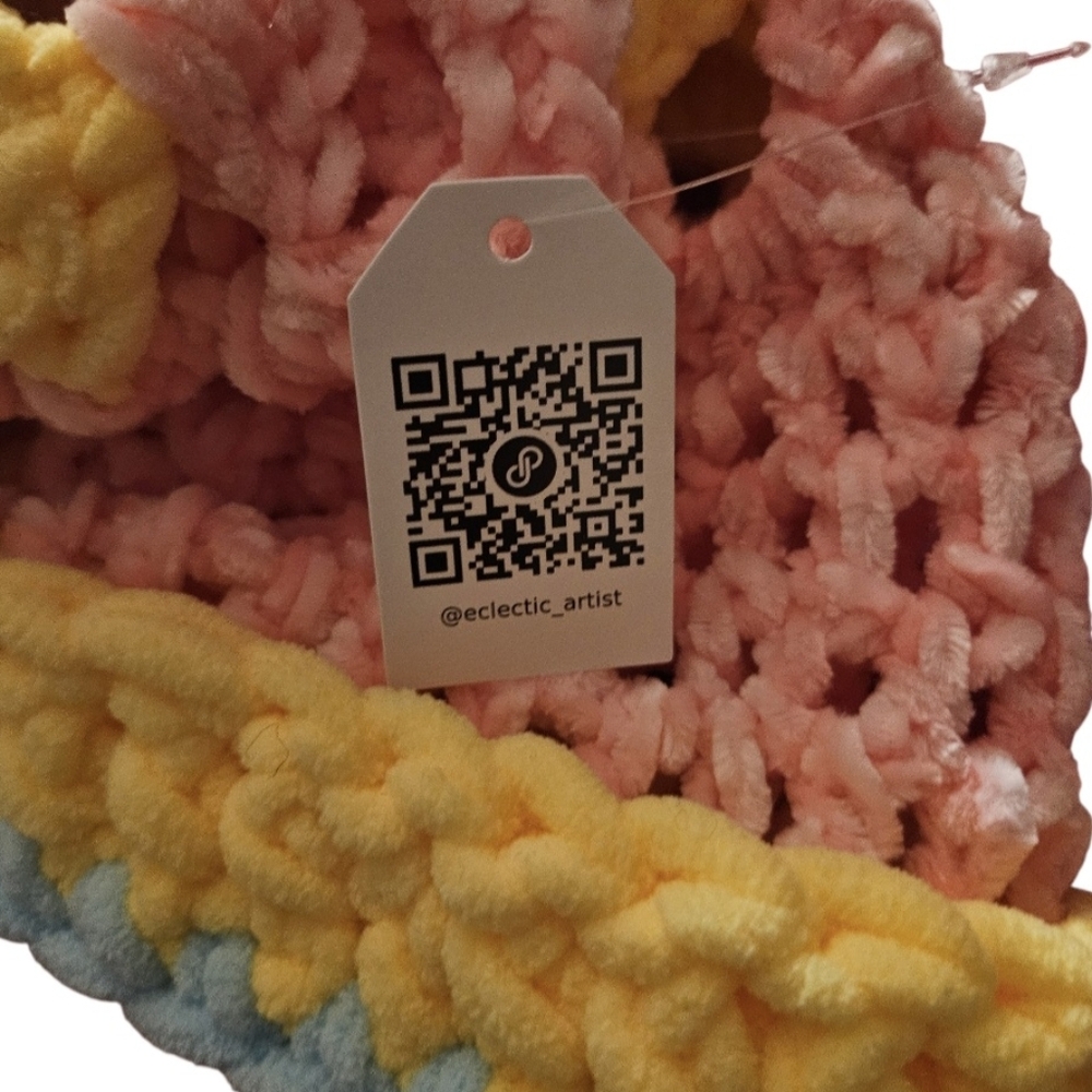 Handmade Pastel Crochet Beanie Wrist Warmers Set Pink Yellow Blue Hand Knit - Picture 2 of 16